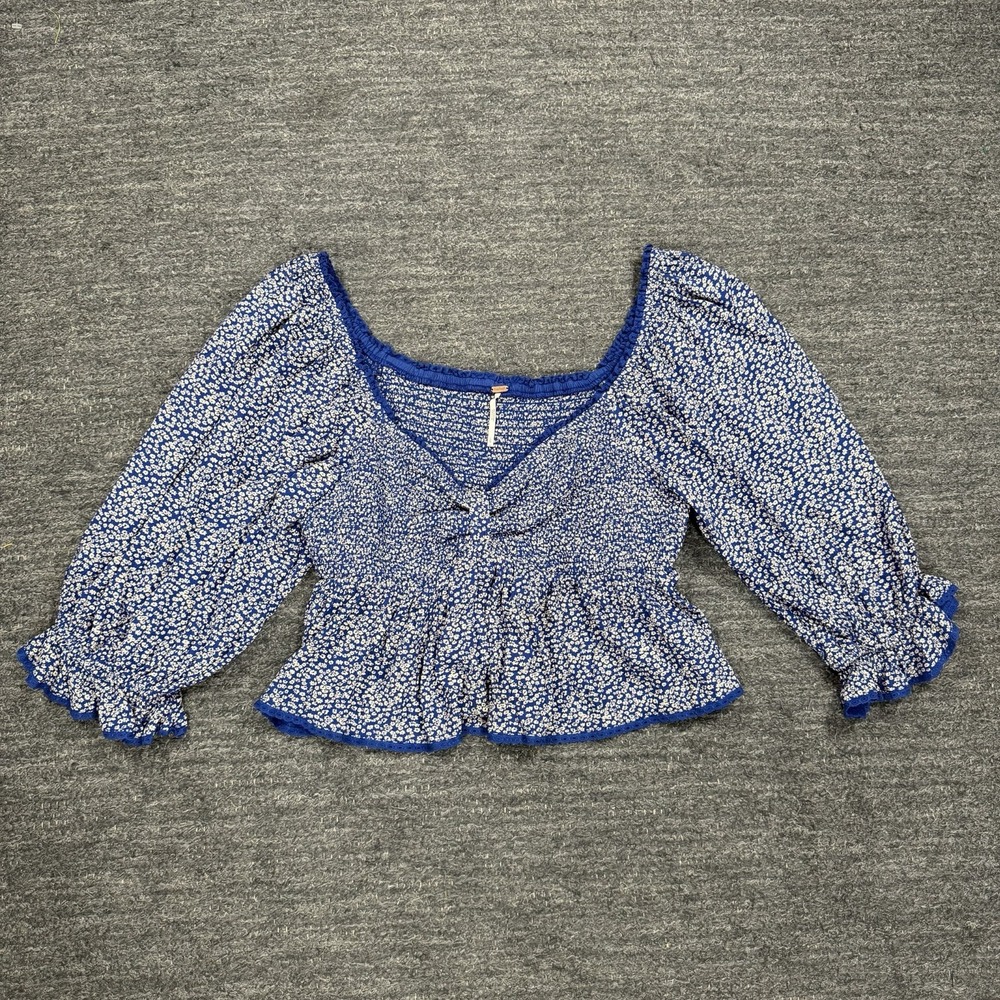 Free People Britnee Shirt Women Large Floral Cropped Peplum Smocked Puff Sleeve